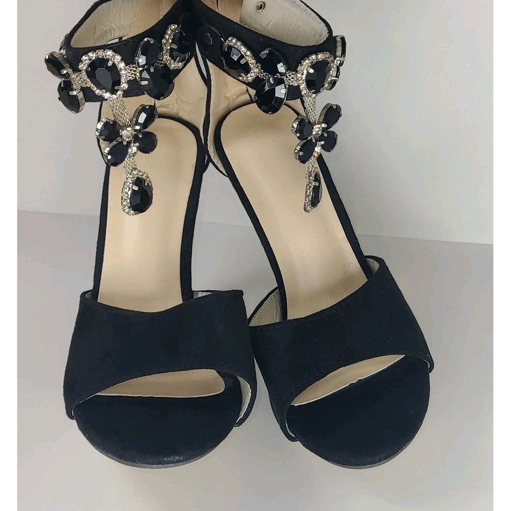 Women's Black Embellished Ankle Strap Heels Size 38 Stiletto Sandals Rhinestone